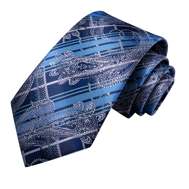 Dubulle Mens Paisley Floral Silk Tie for Men Blue Striped Necktie and Pocket Square Cufflinks Set Wedding Business - Image 3